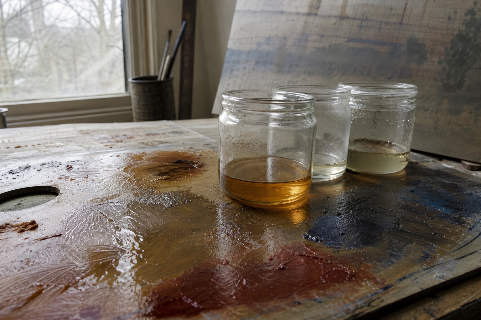 Glass jars of oil painting mediums beside transparent paint colours on a wooden palette