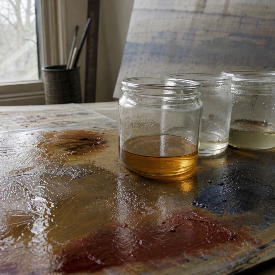 Glass jars of oil painting mediums beside transparent paint colours on a wooden palette