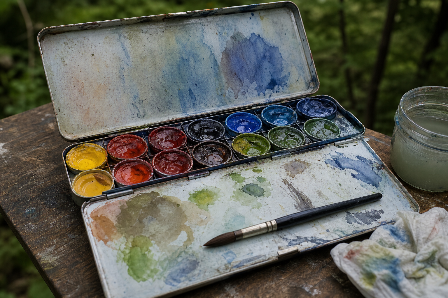 Open folding metal watercolour palette with filled colour wells and mixing area