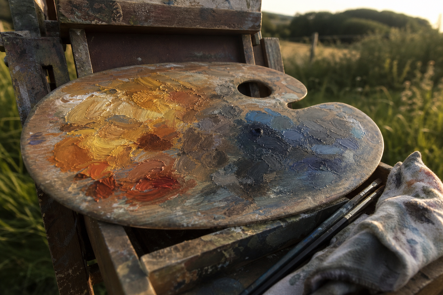 Oil paint palette with warm ochre and cool shadow tones laid out and mixed