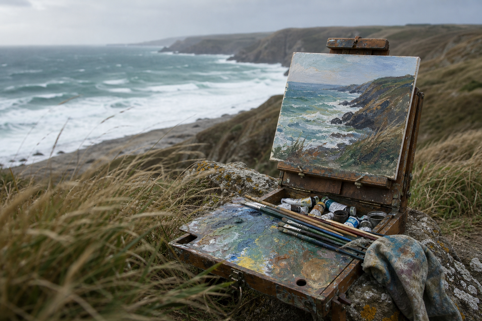 Portable easel and paint box on a windswept coastal cliff, sea in background