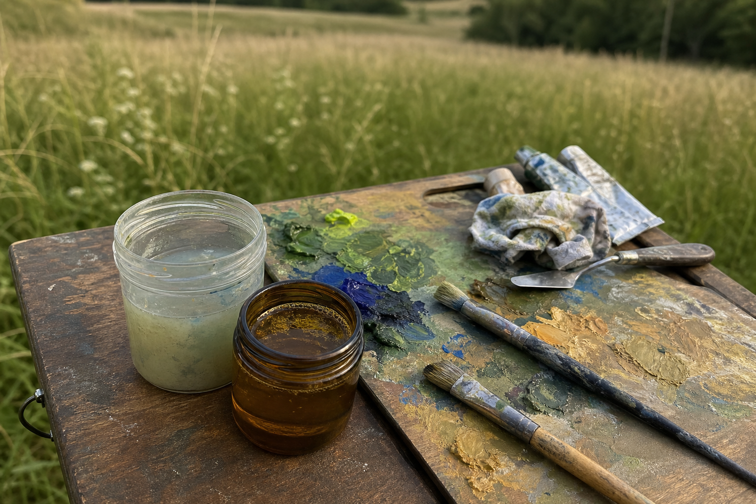 Two small containers beside an outdoor painting palette, one with water, one with oil medium