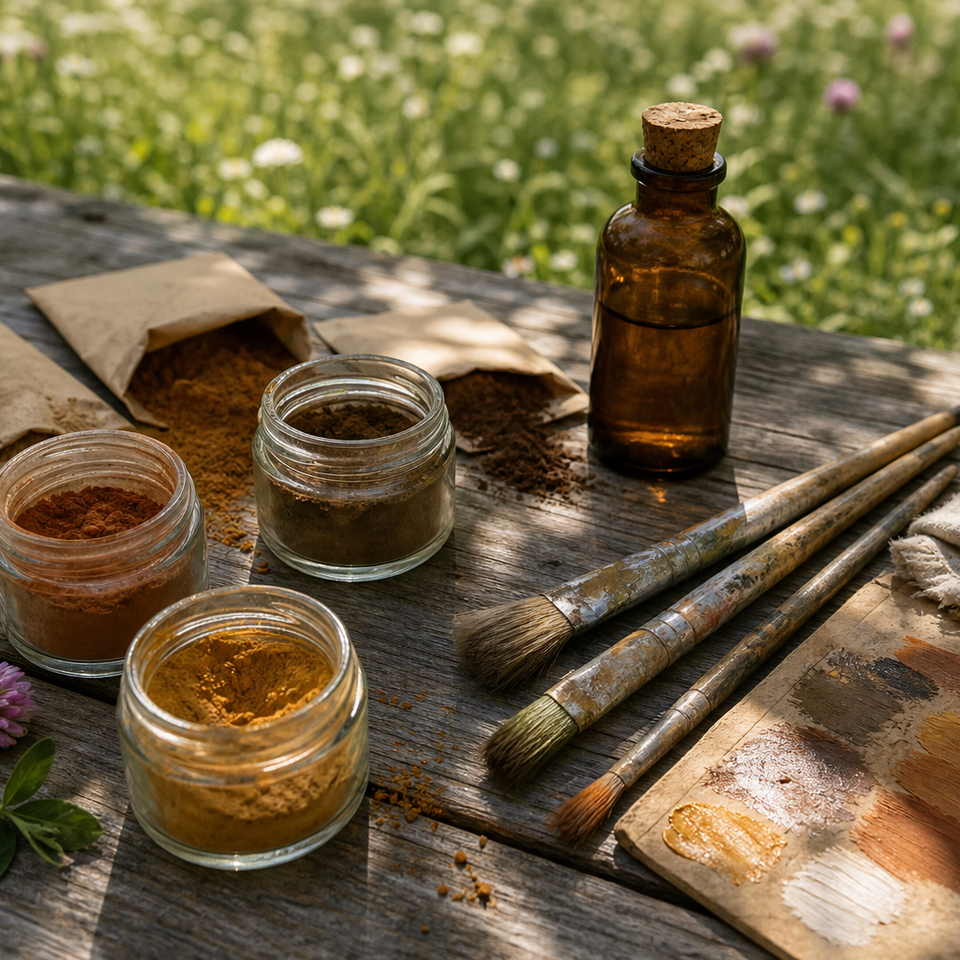 Natural earth pigment paints, walnut oil, and brushes arranged on a wooden surface outdoors