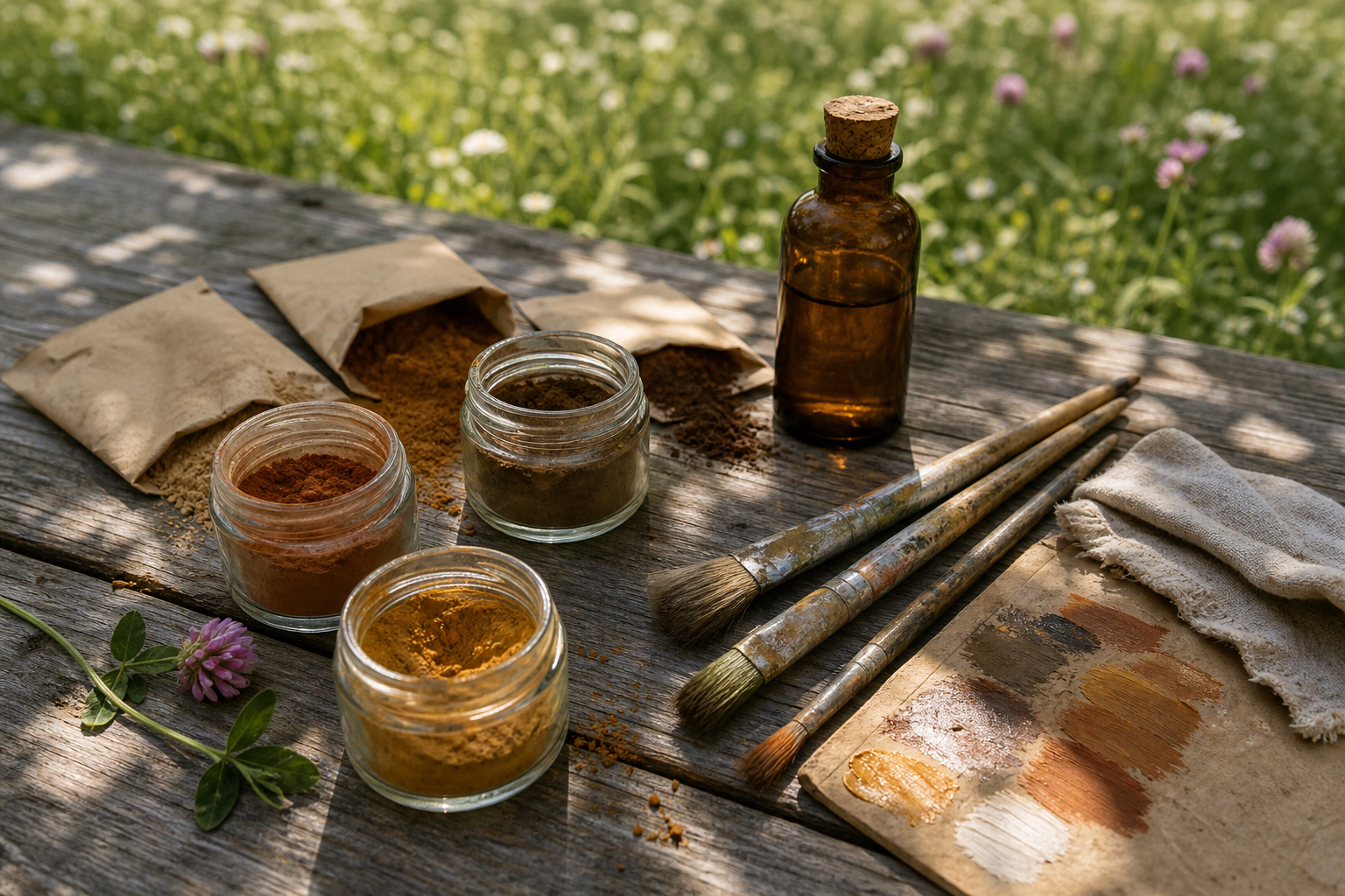 Natural earth pigment paints, walnut oil, and brushes arranged on a wooden surface outdoors