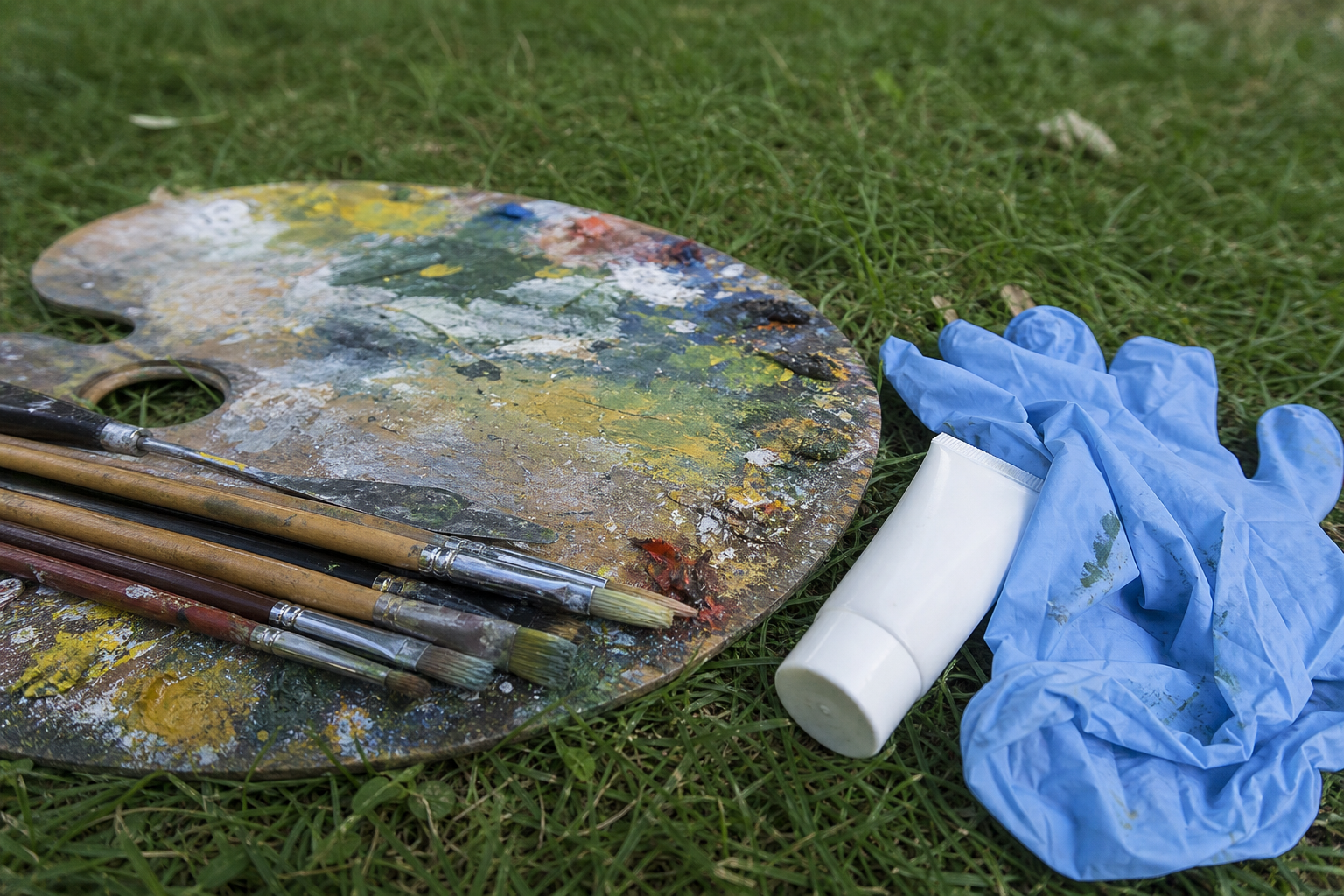 Plein air painting kit including palette, brushes, sun cream and nitrile gloves on grass