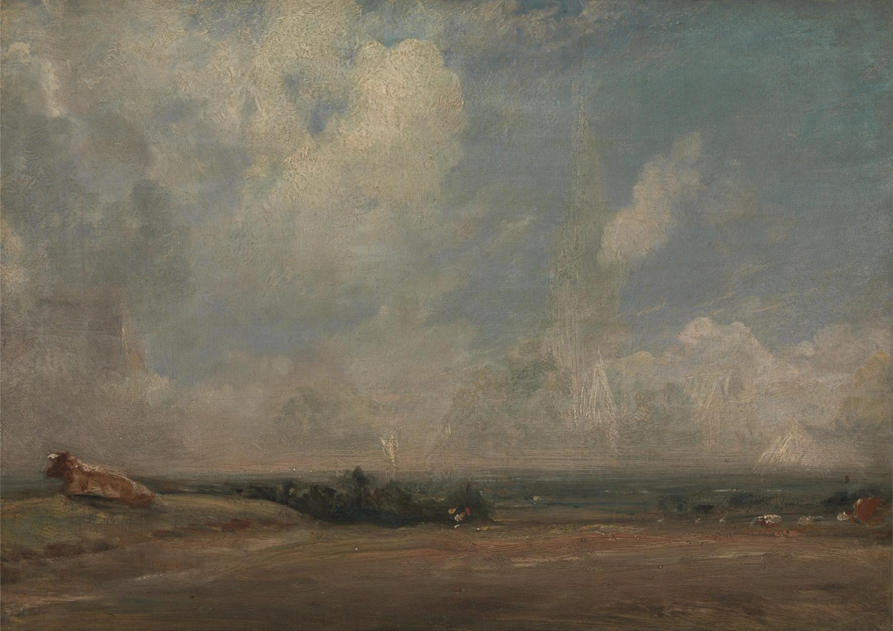 Possibly a landscape view from Hampstead Heath with trees and sky.