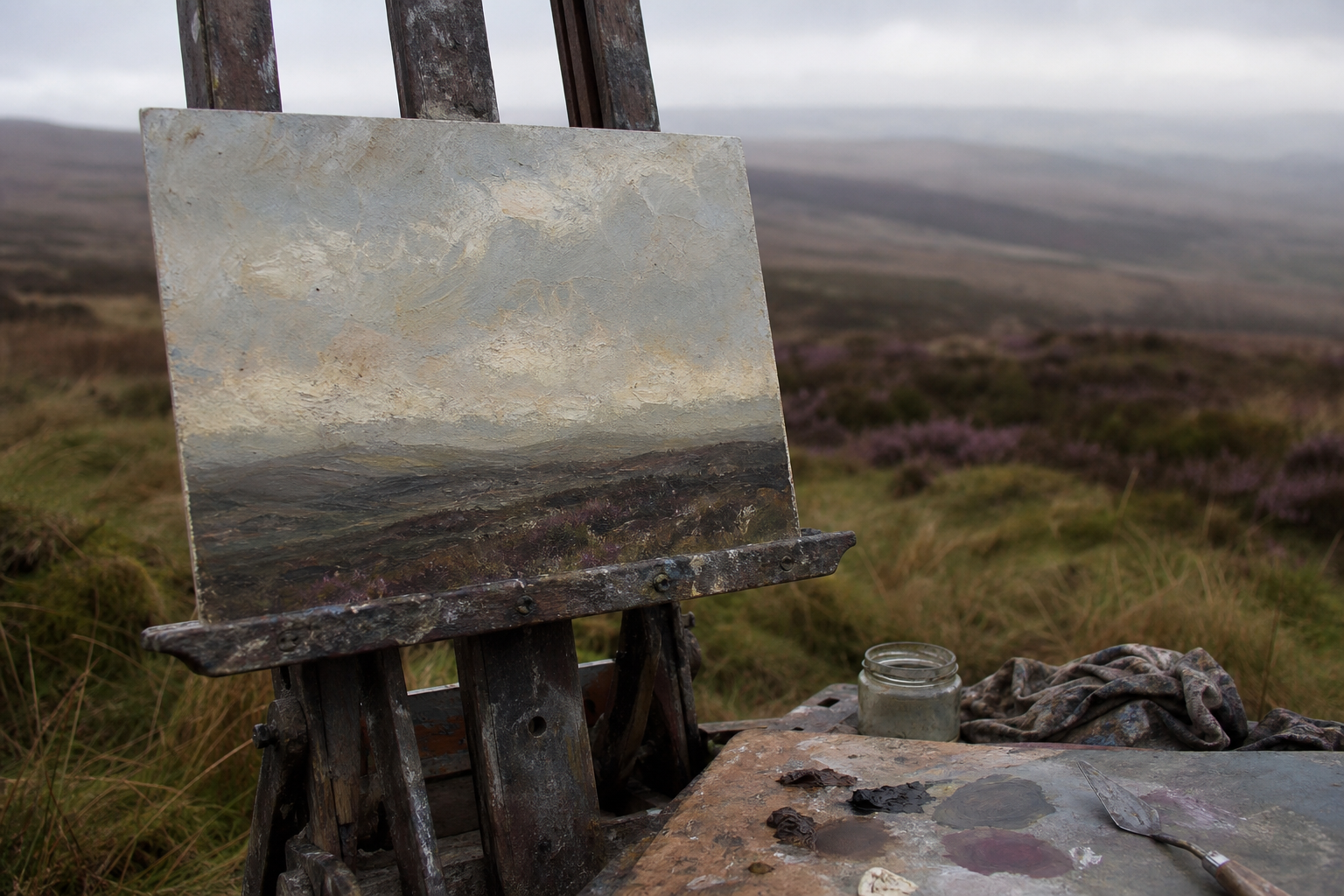 Oil painting study of a hazy moorland sky with broken pale paint over darker ground