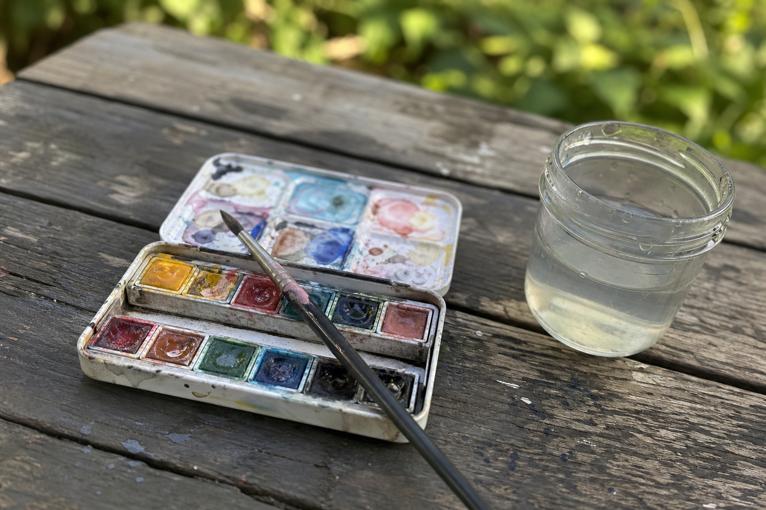 Compact watercolour palette, travel brush and water pot arranged on a wooden outdoor table