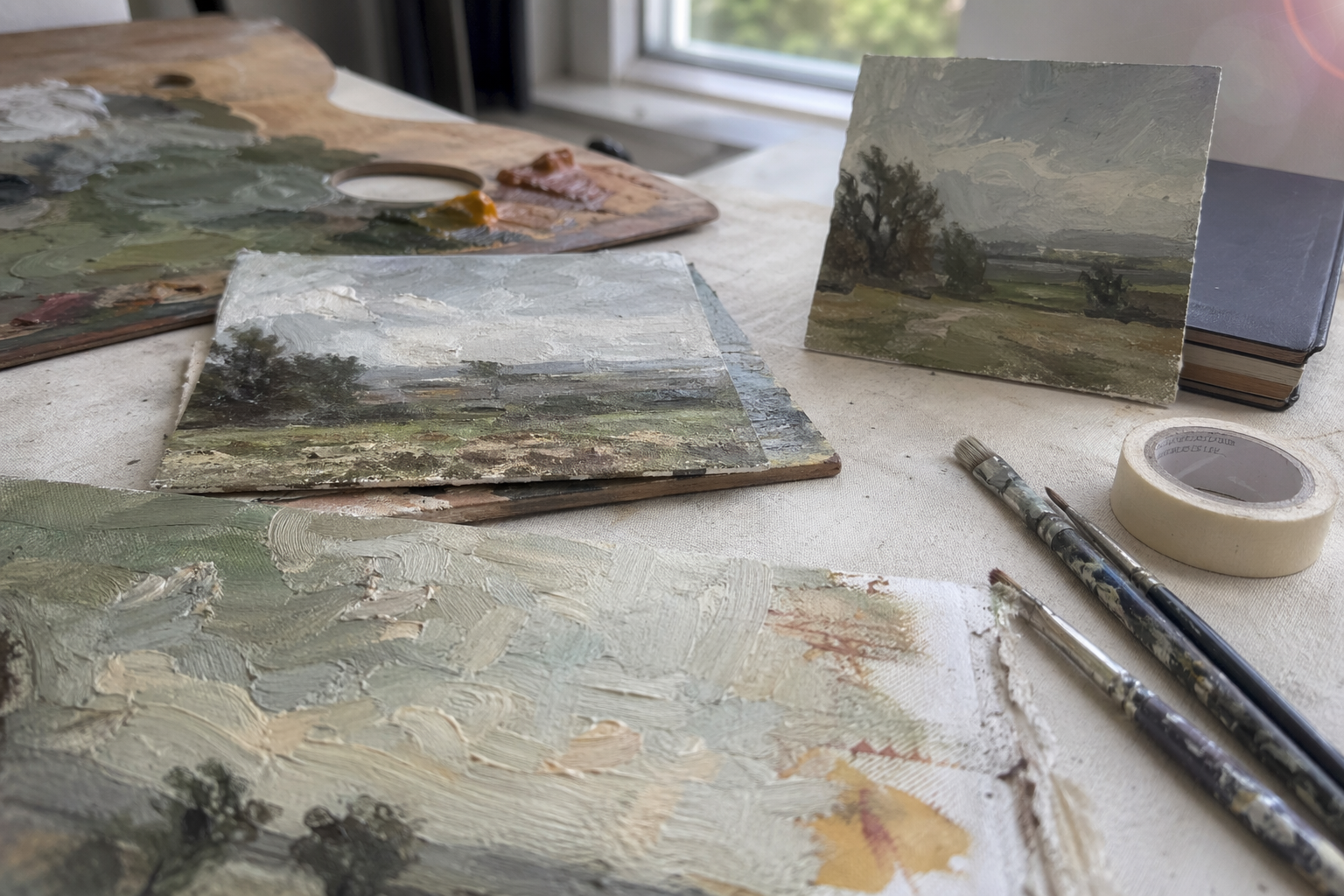 Several small plein air landscape paintings on a pale neutral background