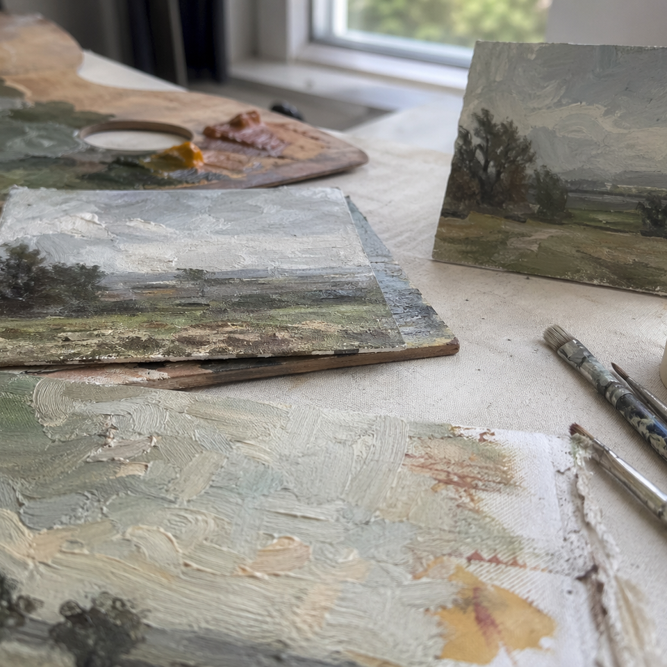 Several small plein air landscape paintings on a pale neutral background