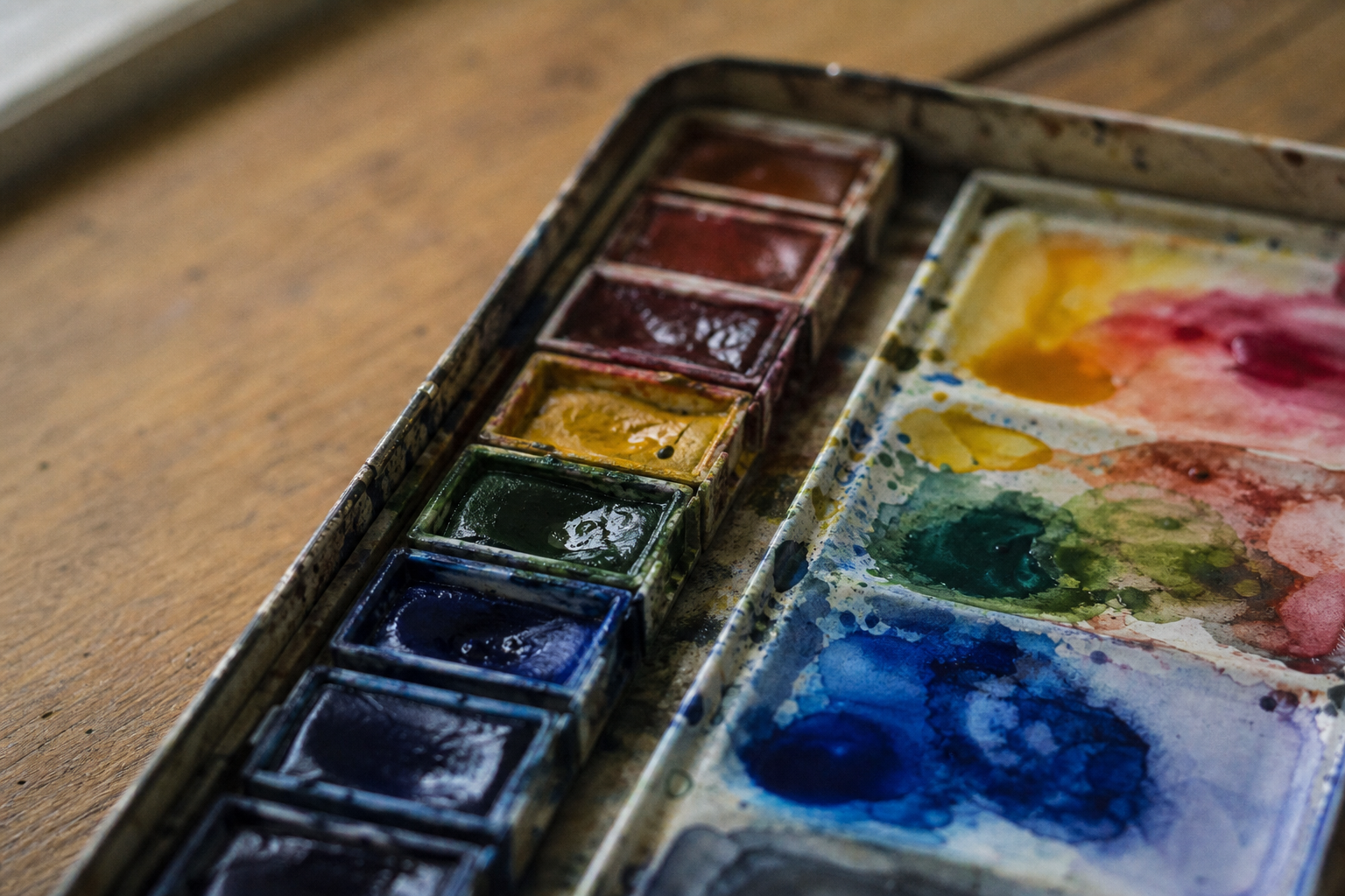 Close-up of half-pan watercolour set showing pigment pans and wet mixing wells