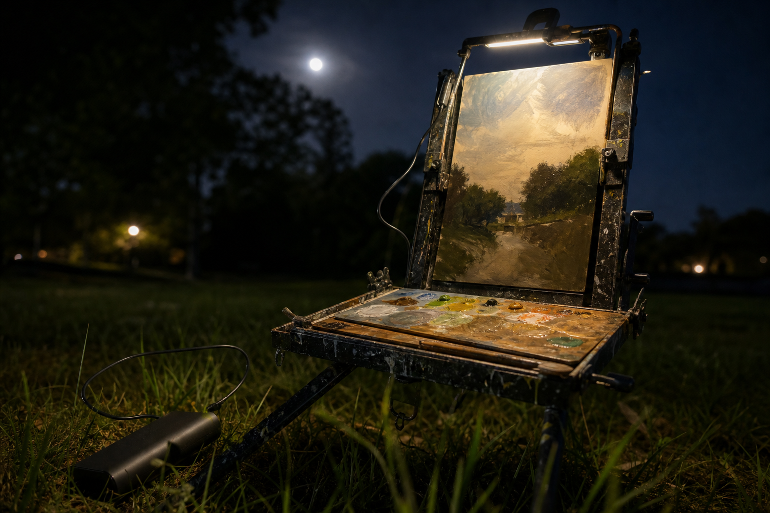 Compact LED bar light attached to a metal field easel at night, power bank beside it