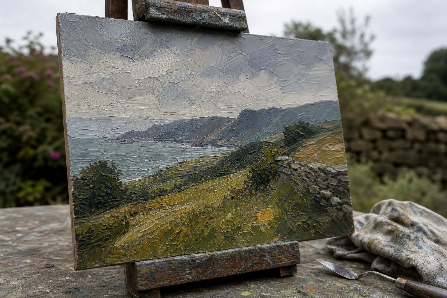 Small oil painting on panel showing rough textured brushwork depicting a landscape scene