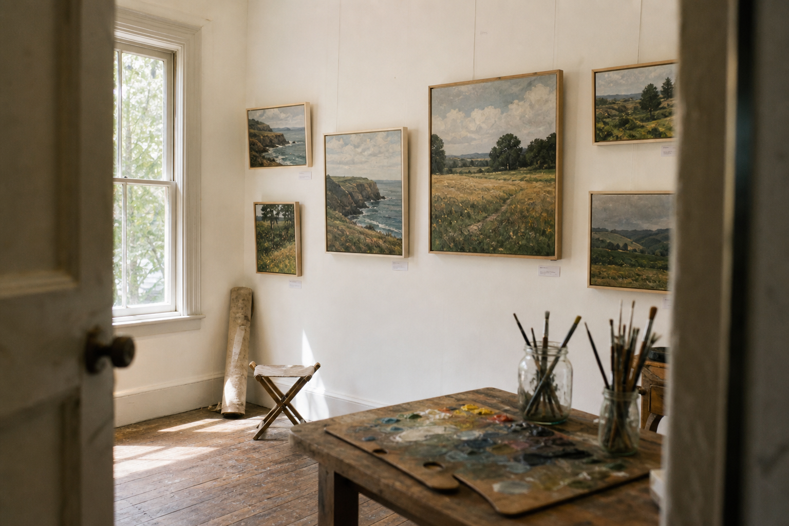 A tidy artist's studio with landscape paintings hung on white walls, price labels visible, and natural light from a window