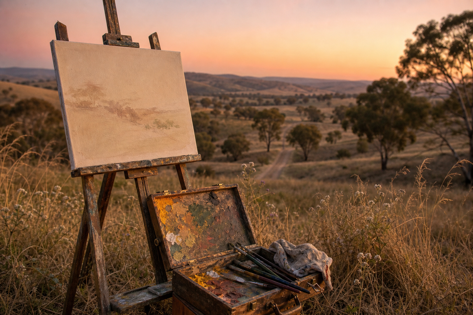 Open countryside at golden hour with an empty easel and paint box in foreground