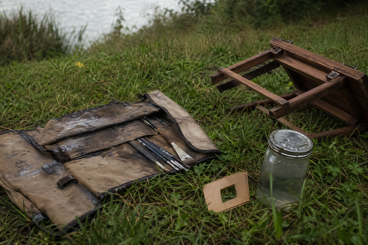 Wet canvas carrier, viewfinder card, folding stool, and solvent jar on grass in overcast light