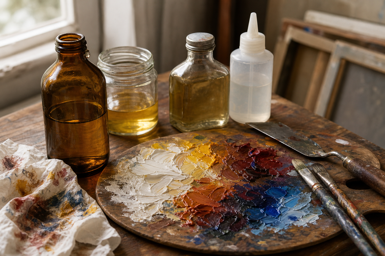 Assorted oil painting mediums in bottles arranged beside a palette with mixed oil paint