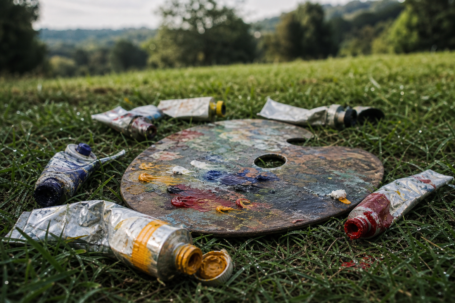 Open paint tubes and a wooden palette resting on grass in natural daylight