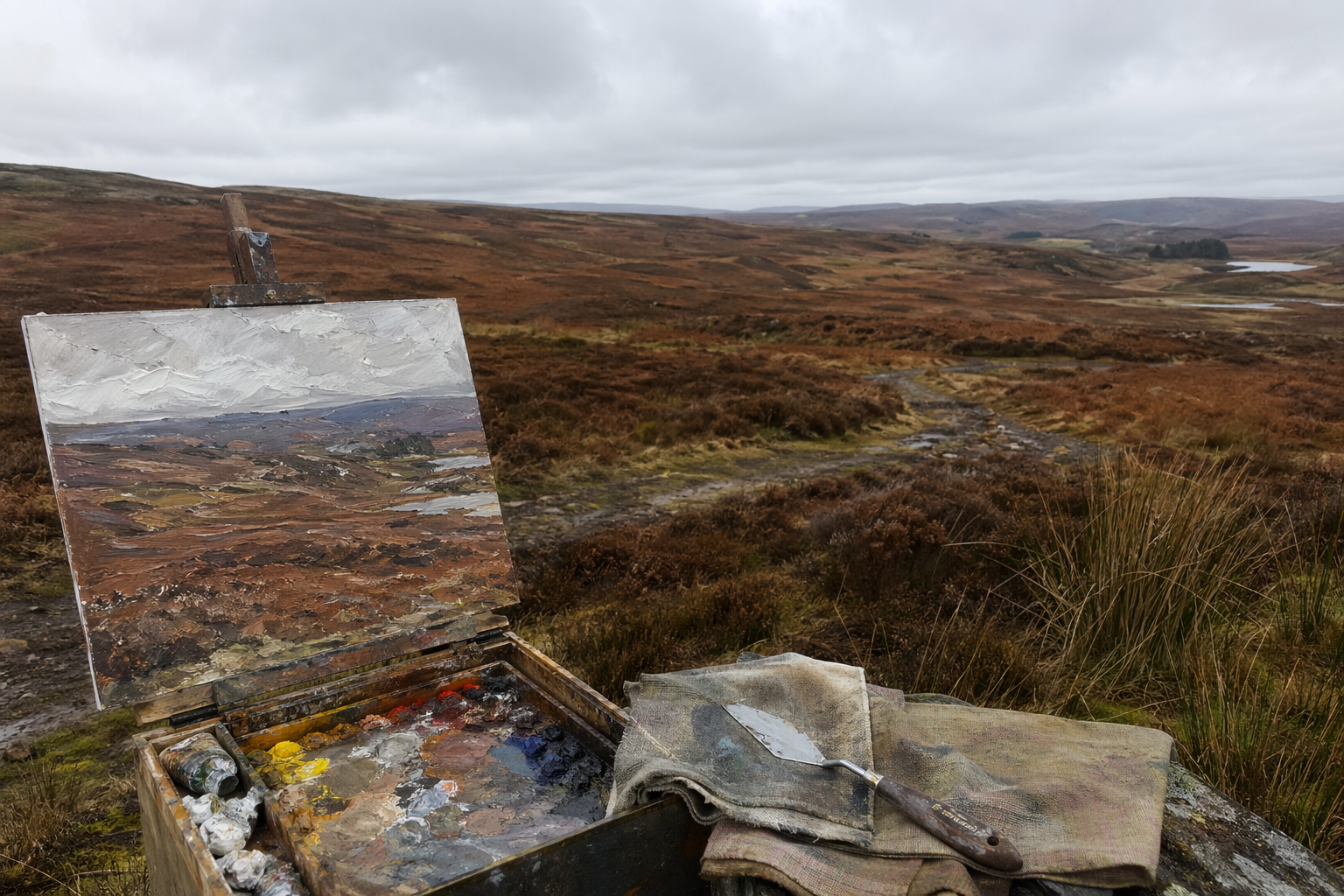 Wide view of open British moorland under flat overcast sky in autumn