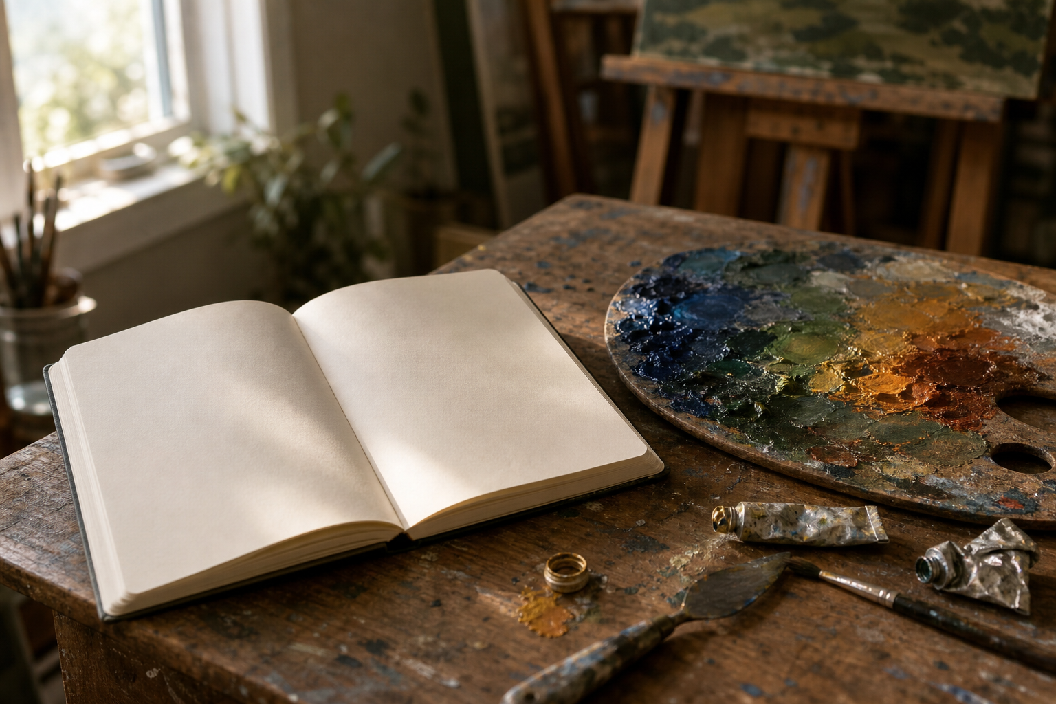 Blank open notebook beside a palette and oil paint tubes on a table