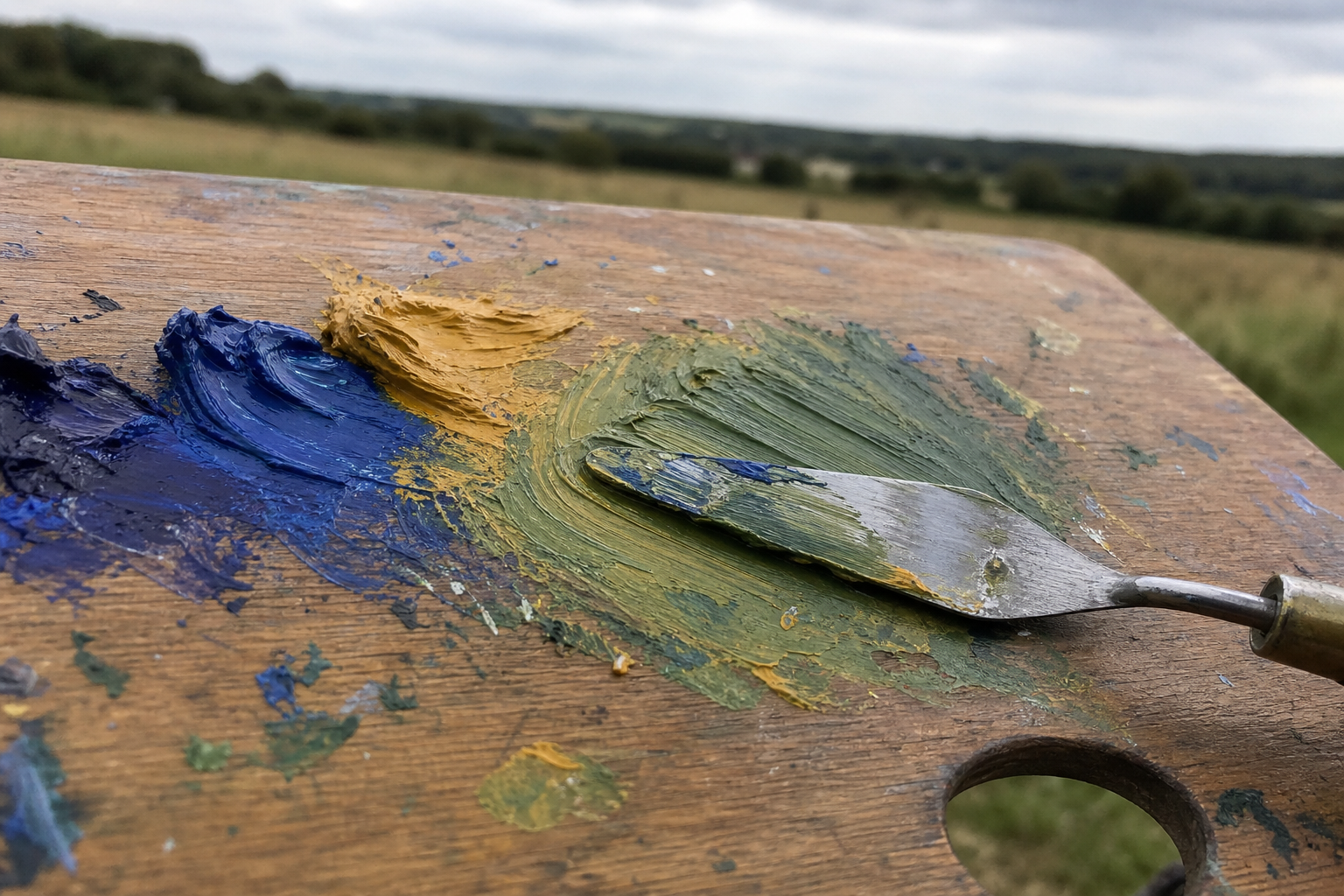 Palette knife blending two oil paint colours on a wooden palette