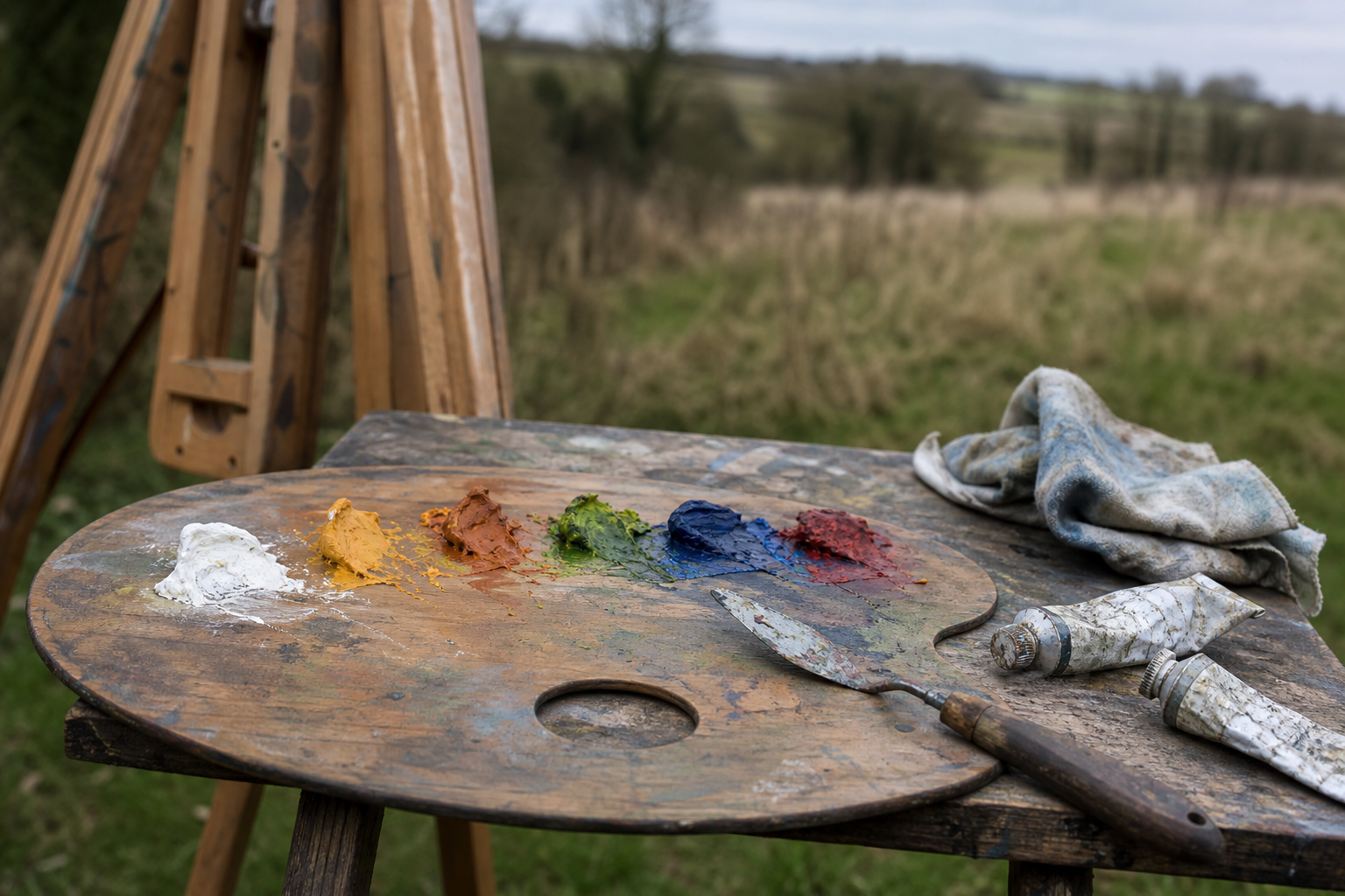 Wooden palette with neat rows of oil paint colours in natural light