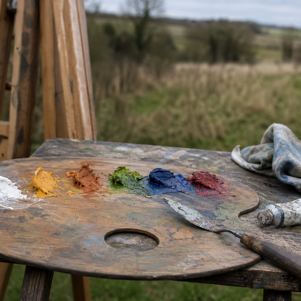 Wooden palette with neat rows of oil paint colours in natural light