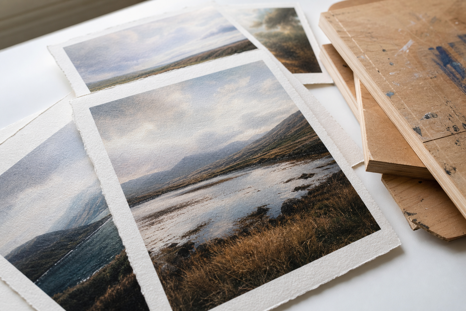 Several giclée landscape prints arranged on a white surface beside painting panels
