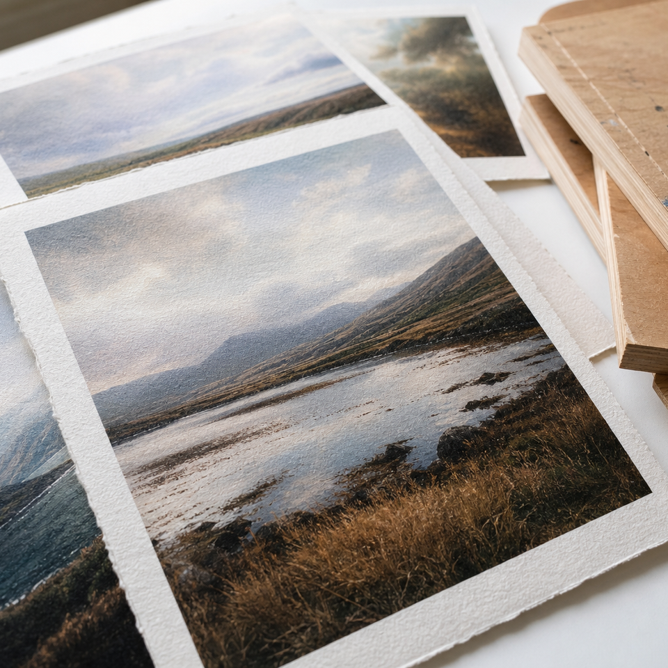 Several giclée landscape prints arranged on a white surface beside painting panels