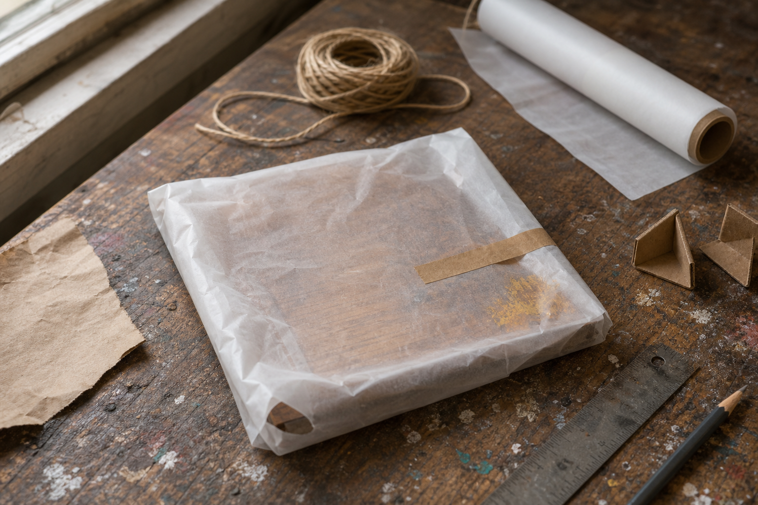 A small wooden painting panel wrapped in translucent glassine paper on a workbench.