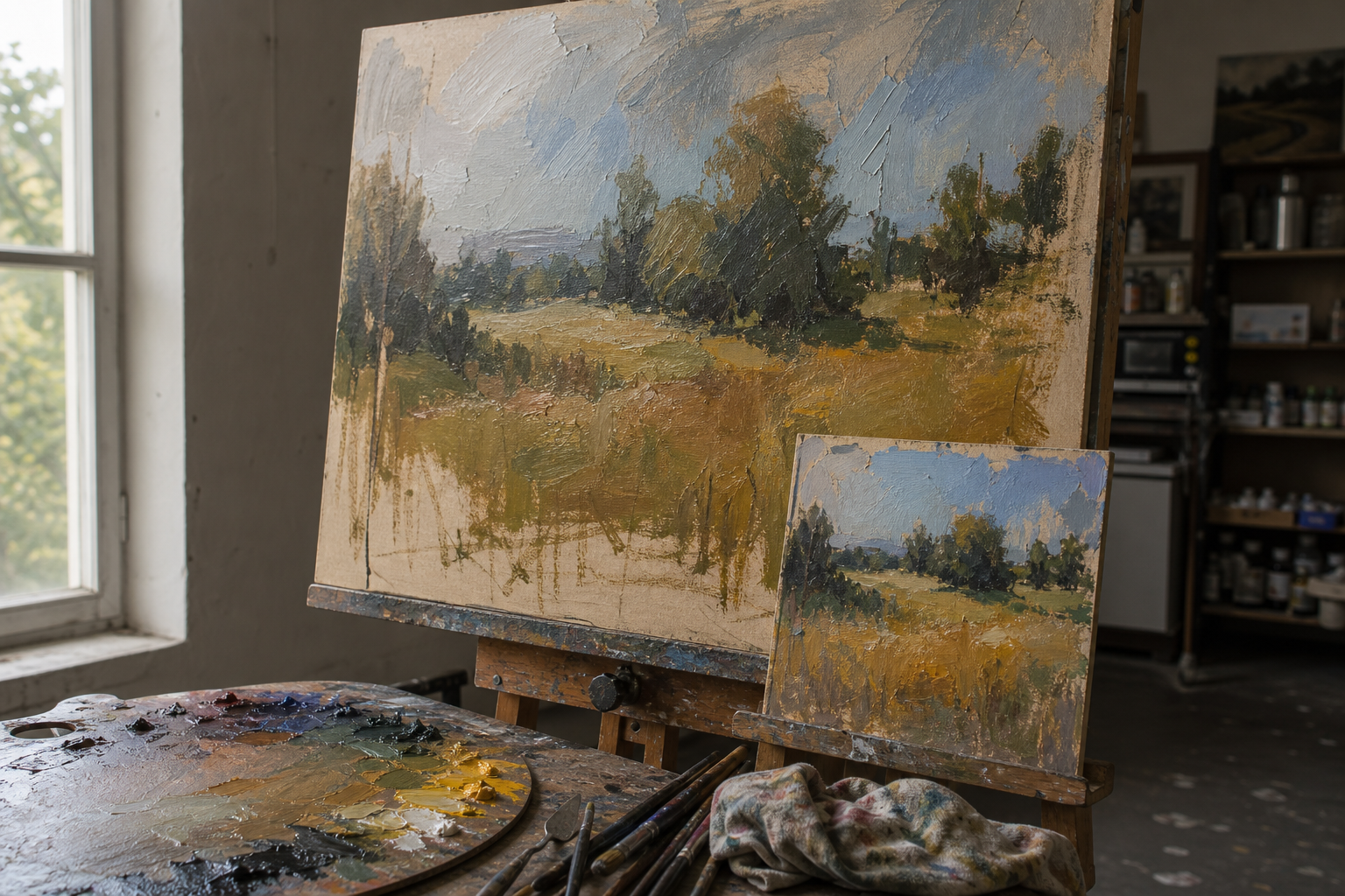 A larger canvas on an easel next to a small outdoor study panel for comparison