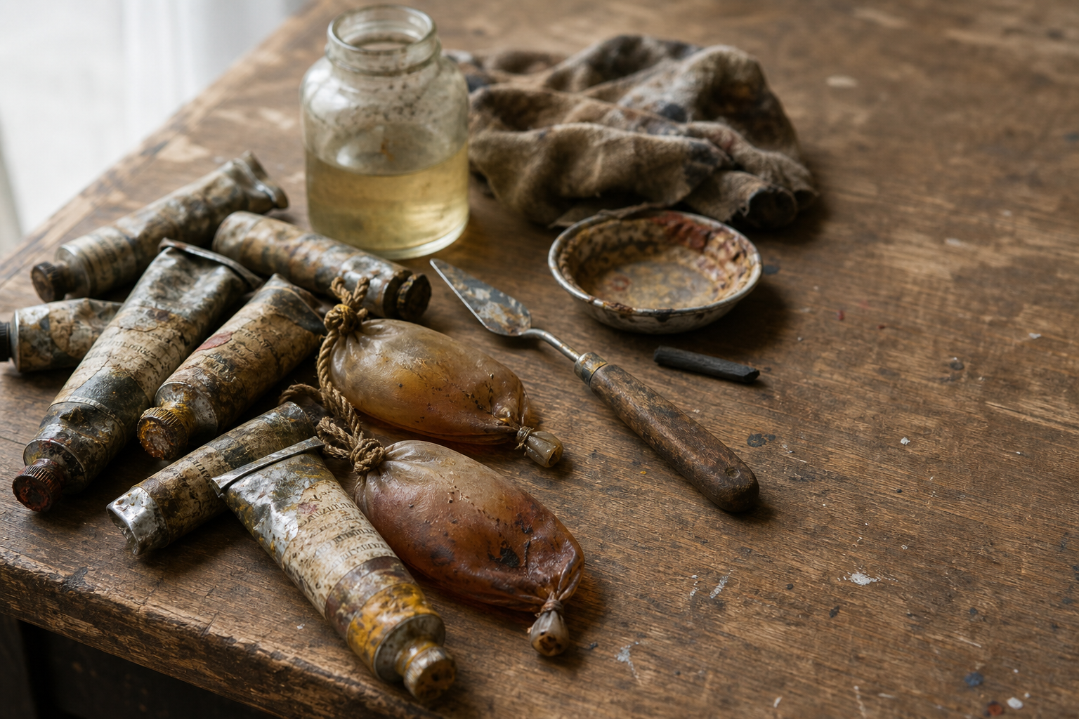 Antique paint tubes and small oil painting tools arranged on a wooden surface