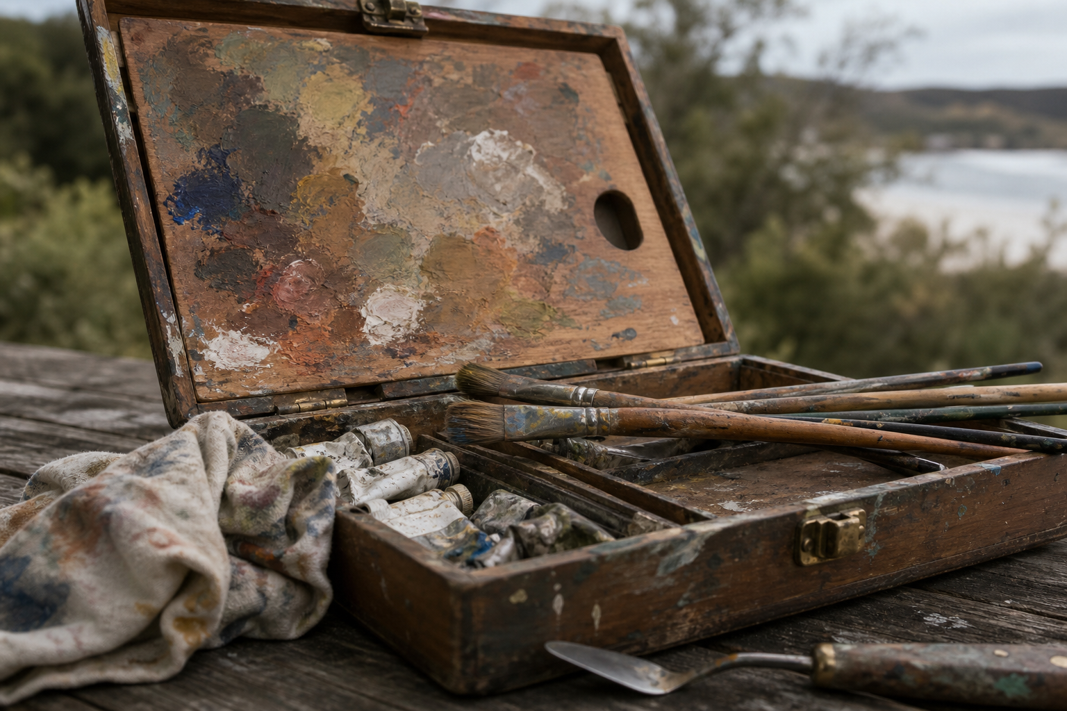 Close-up of open wooden pochade box showing palette, paint tubes and brushes inside.