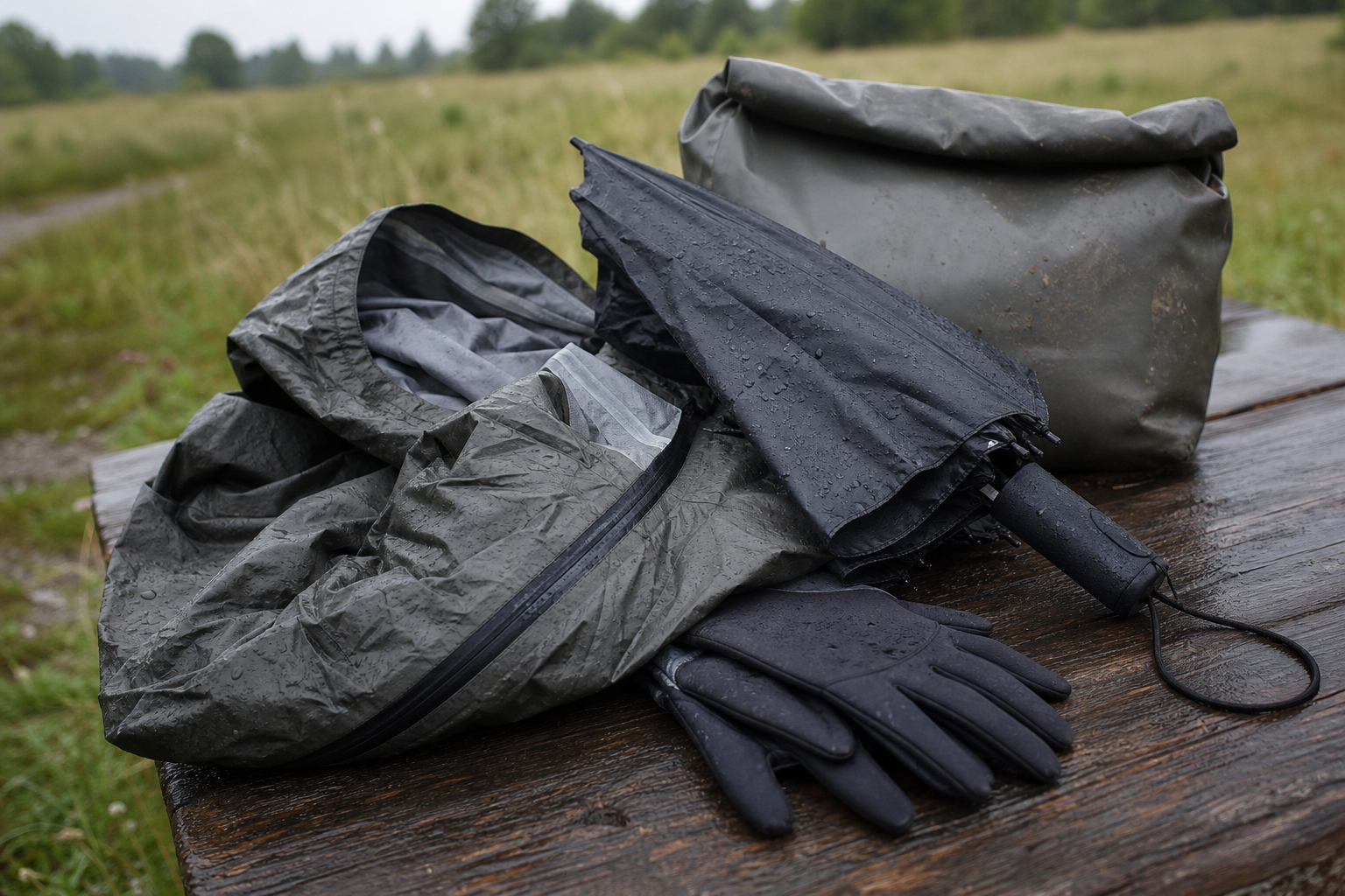 Waterproof jacket, painting umbrella, gloves, and dry bag arranged on wooden surface