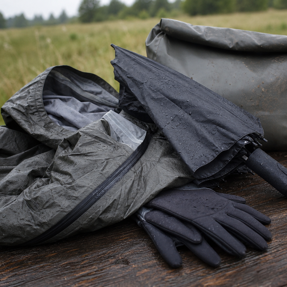 Waterproof jacket, painting umbrella, gloves, and dry bag arranged on wooden surface