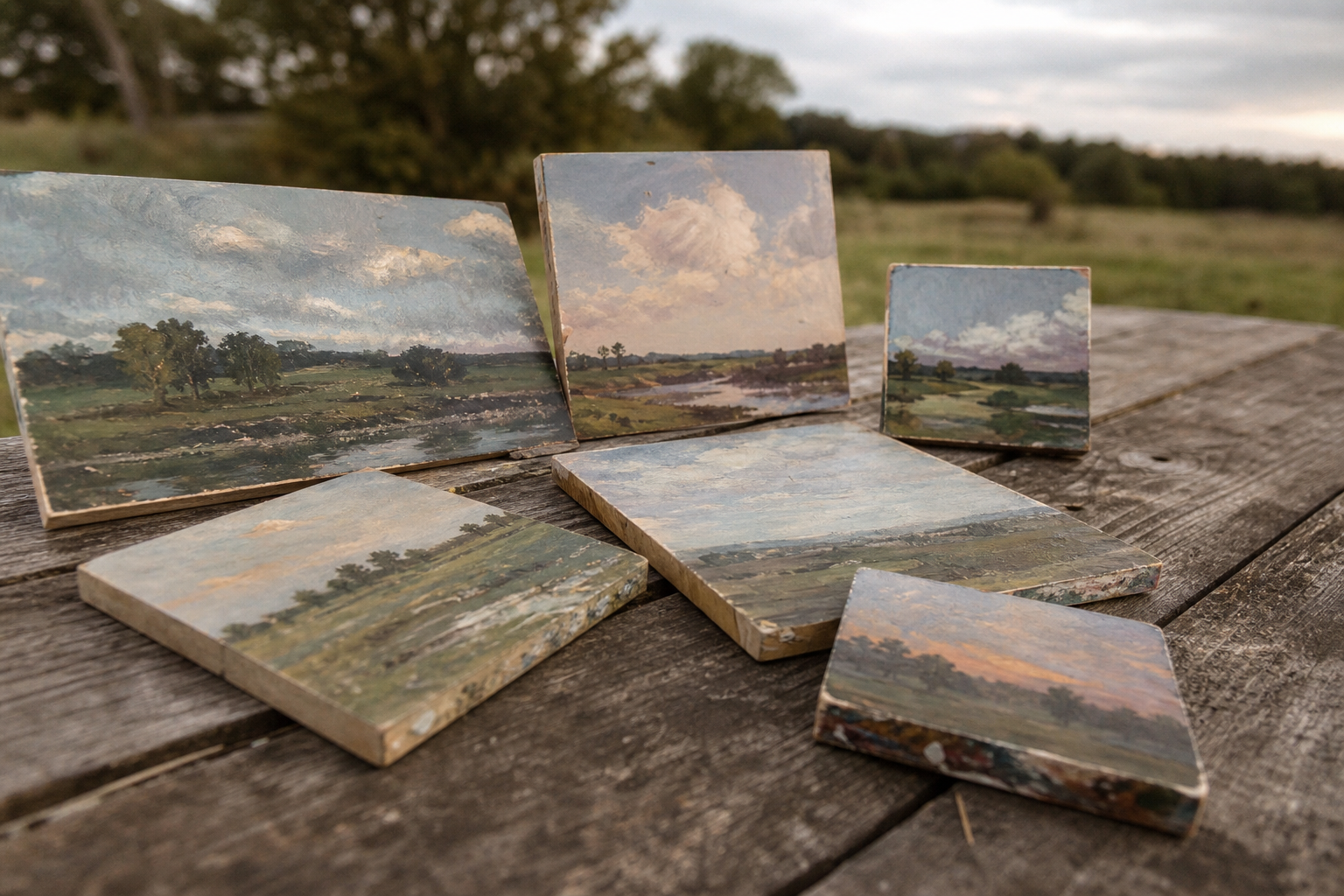 Several painting panels of different sizes arranged on a wooden surface outdoors