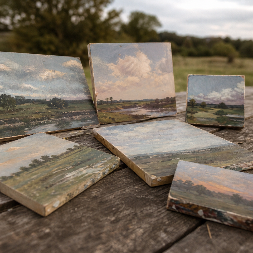 Several painting panels of different sizes arranged on a wooden surface outdoors