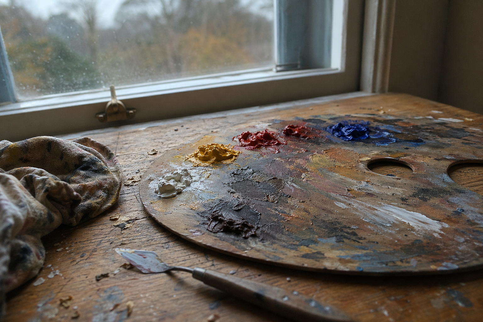 A wooden palette laid out with five oil paint colours and mixed tones
