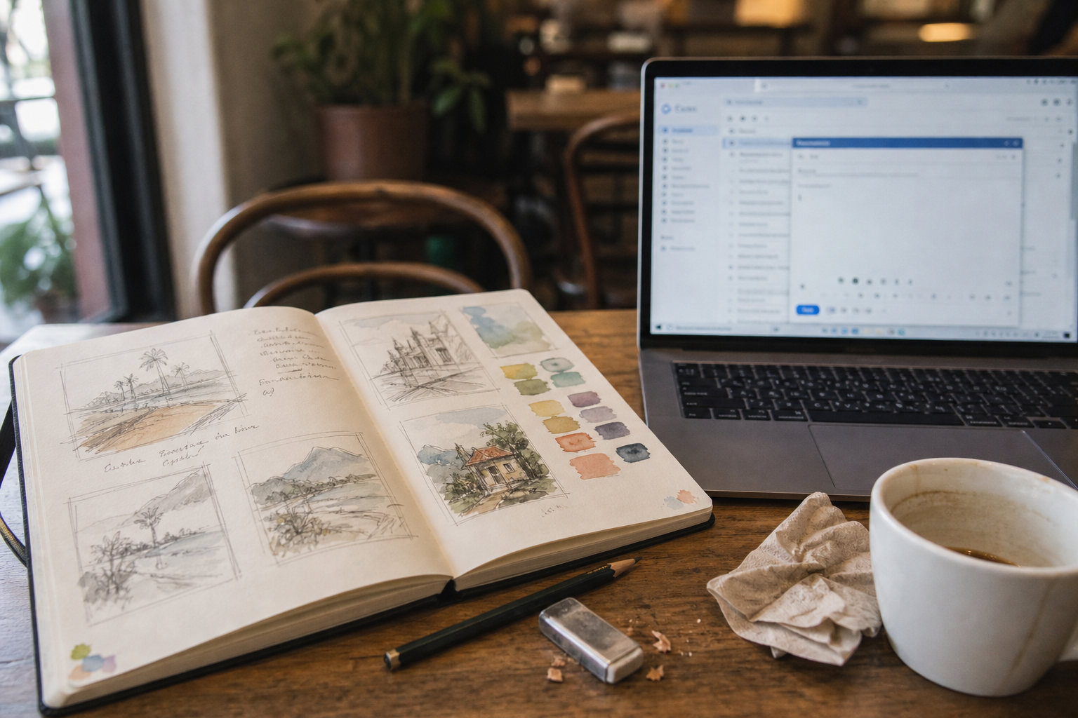 Open sketchbook beside a laptop showing a draft email, on a wooden café table