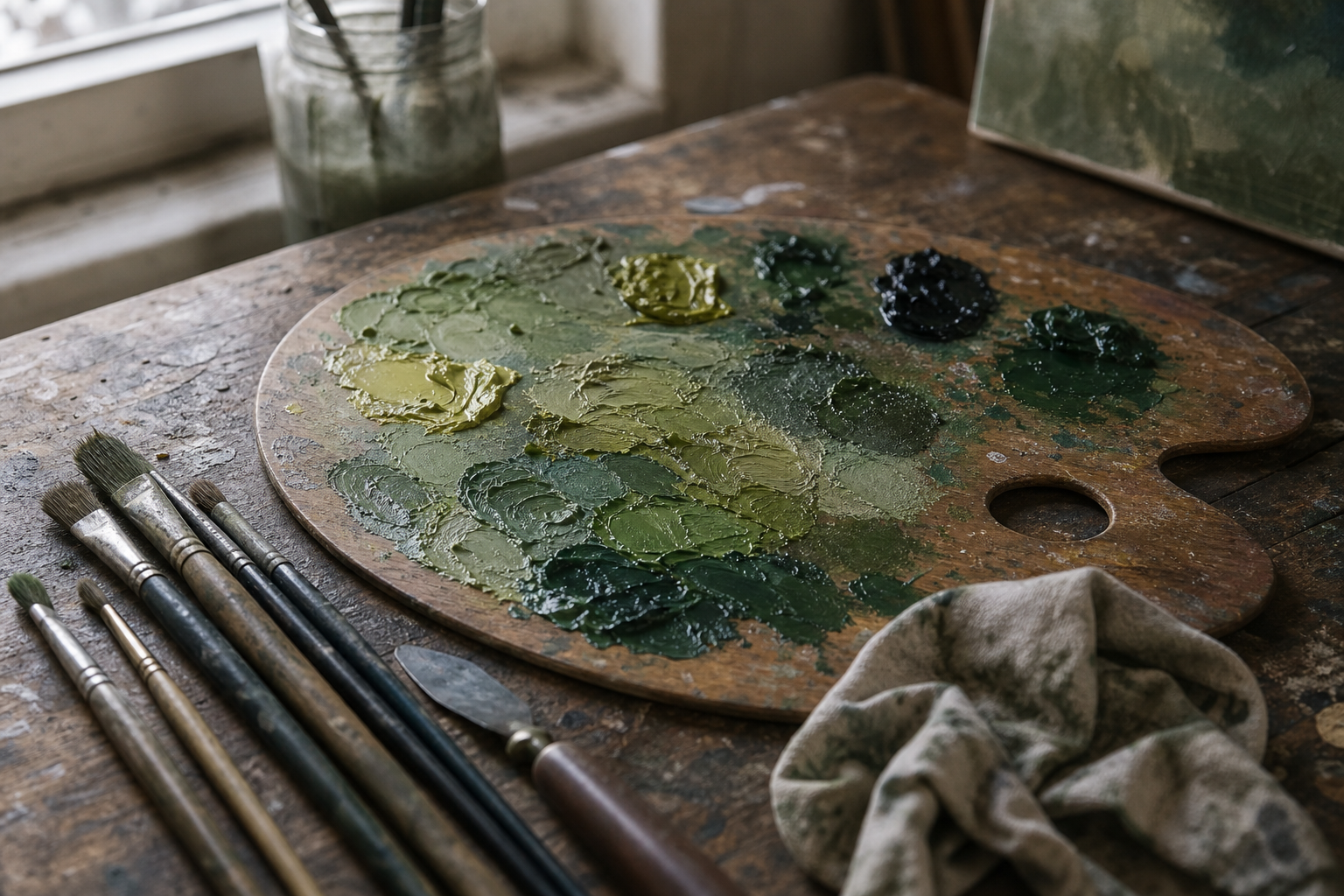 Wooden palette with multiple mixed green paint tones and brushes nearby