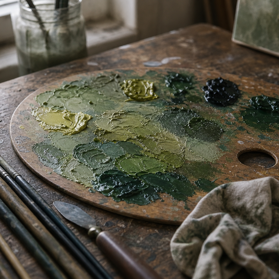 Wooden palette with multiple mixed green paint tones and brushes nearby