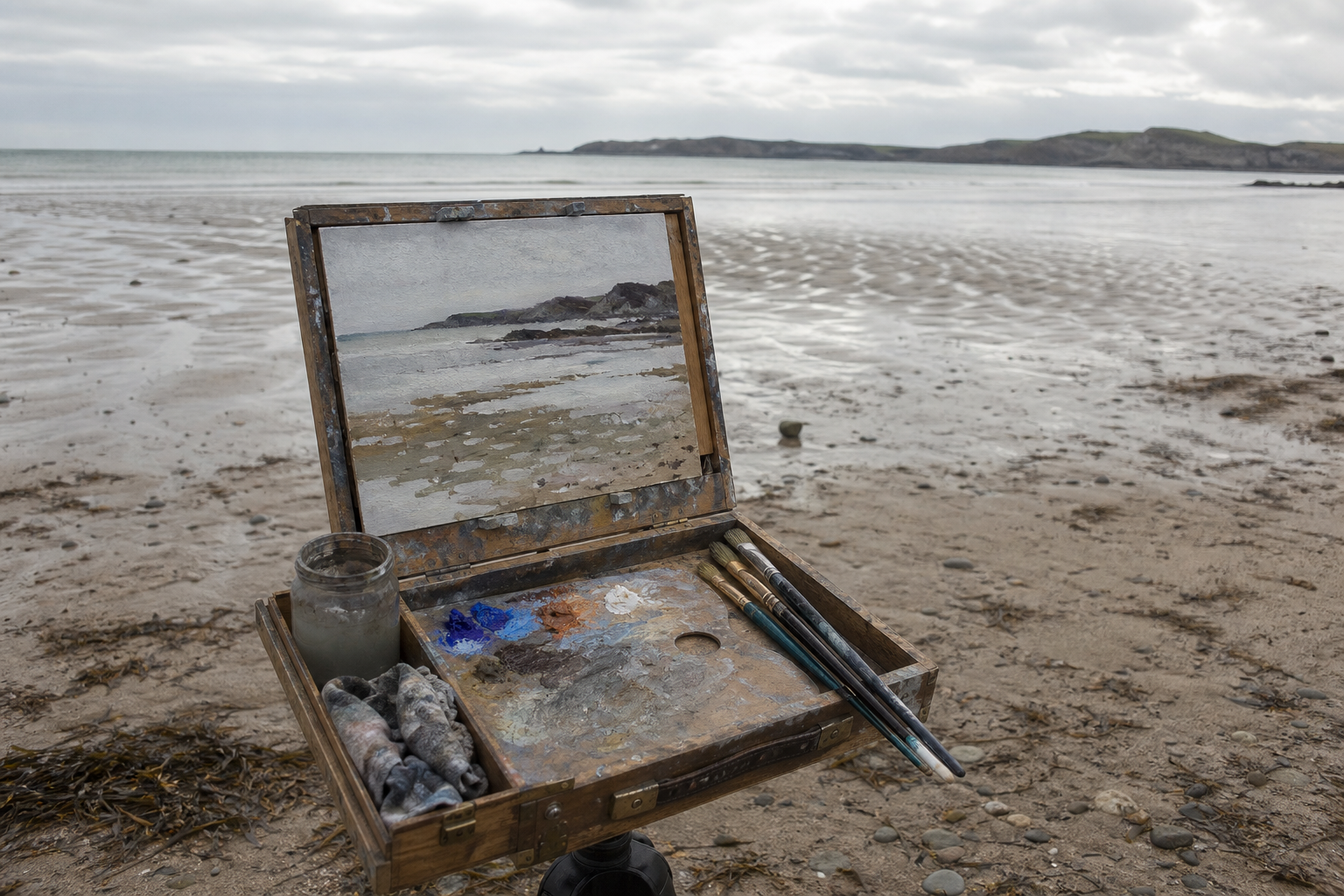 Compact plein air pochade box set up on a sandy UK beach at low tide