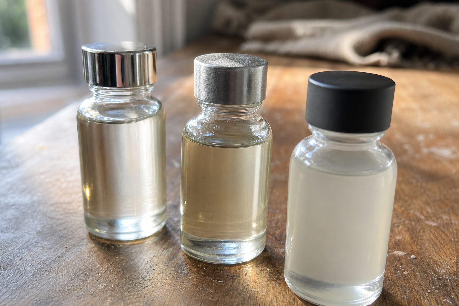 Three small glass varnish bottles in a row on a wooden surface, close-up