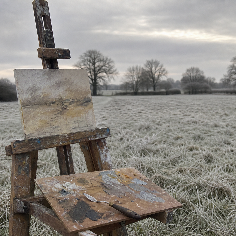Wooden easel with small canvas in a frost-covered open field, grey winter sky