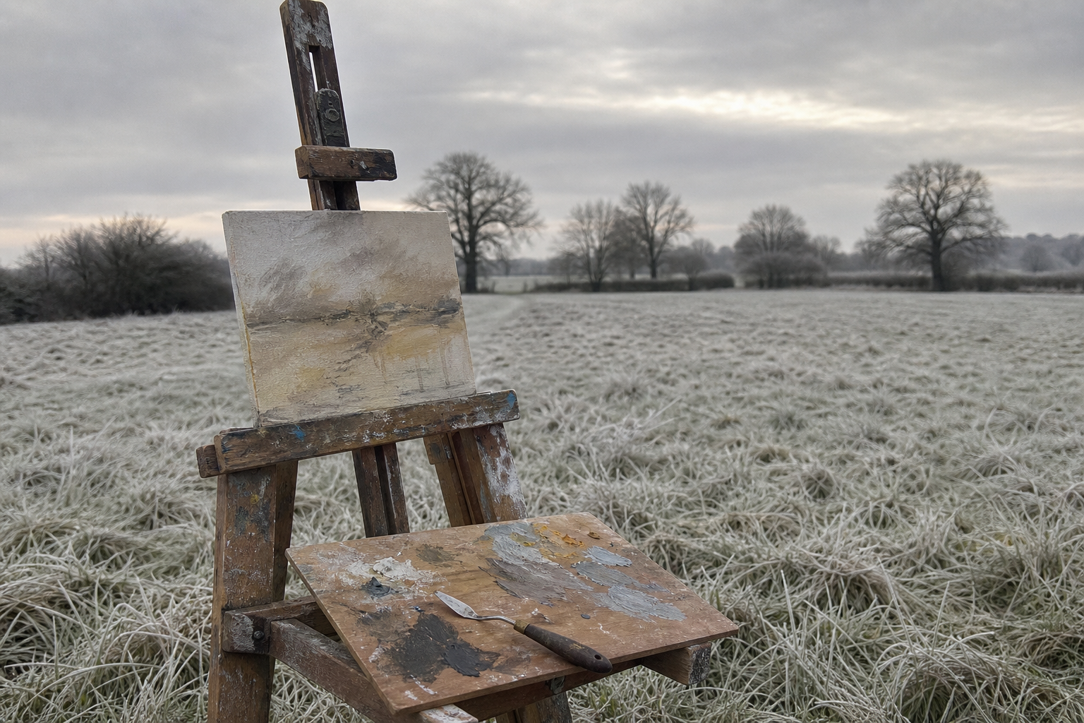 Wooden easel with small canvas in a frost-covered open field, grey winter sky