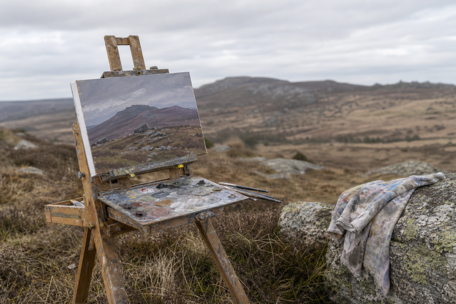 Compact field easel with small canvas board on open moorland