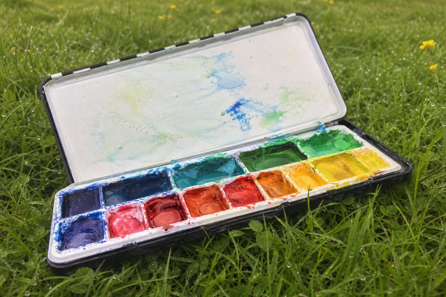 Open stay-wet palette loaded with bright acrylic colours on a grass surface