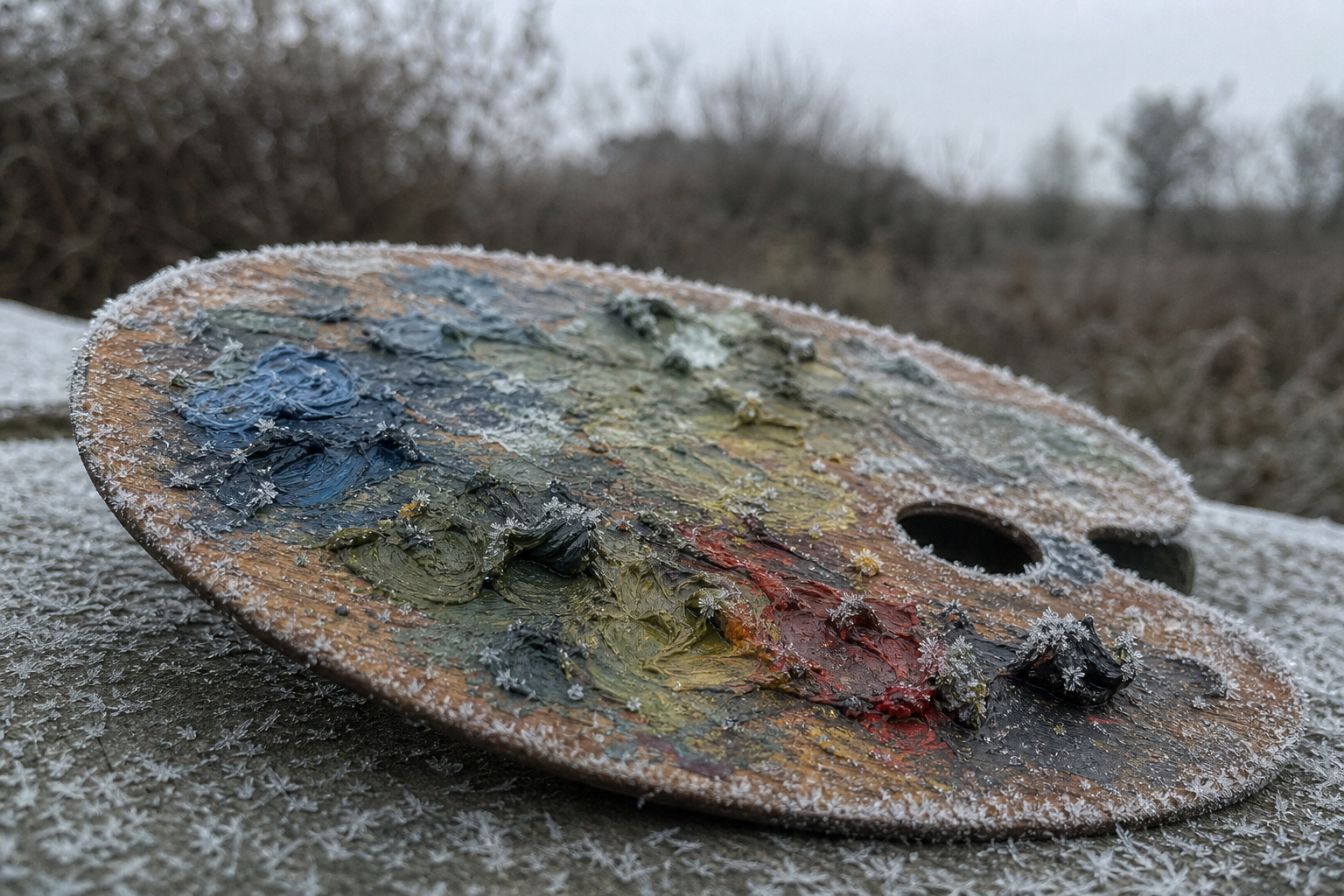 Artist palette with thick oil paint in cool outdoor light, frost on surrounding surface