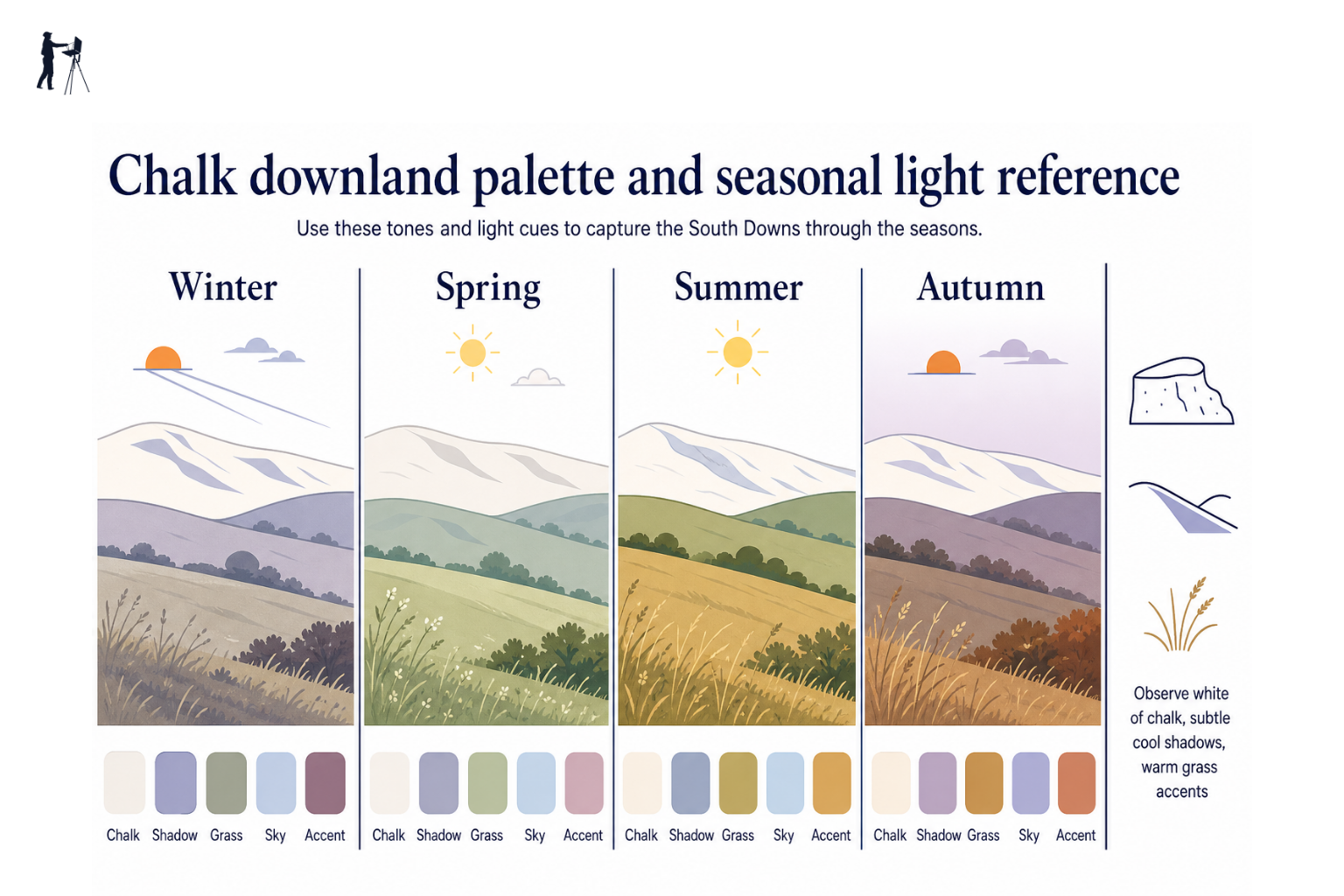 Seasonal light quality across chalk downland illustrated with colour palette swatches and hill silhouettes