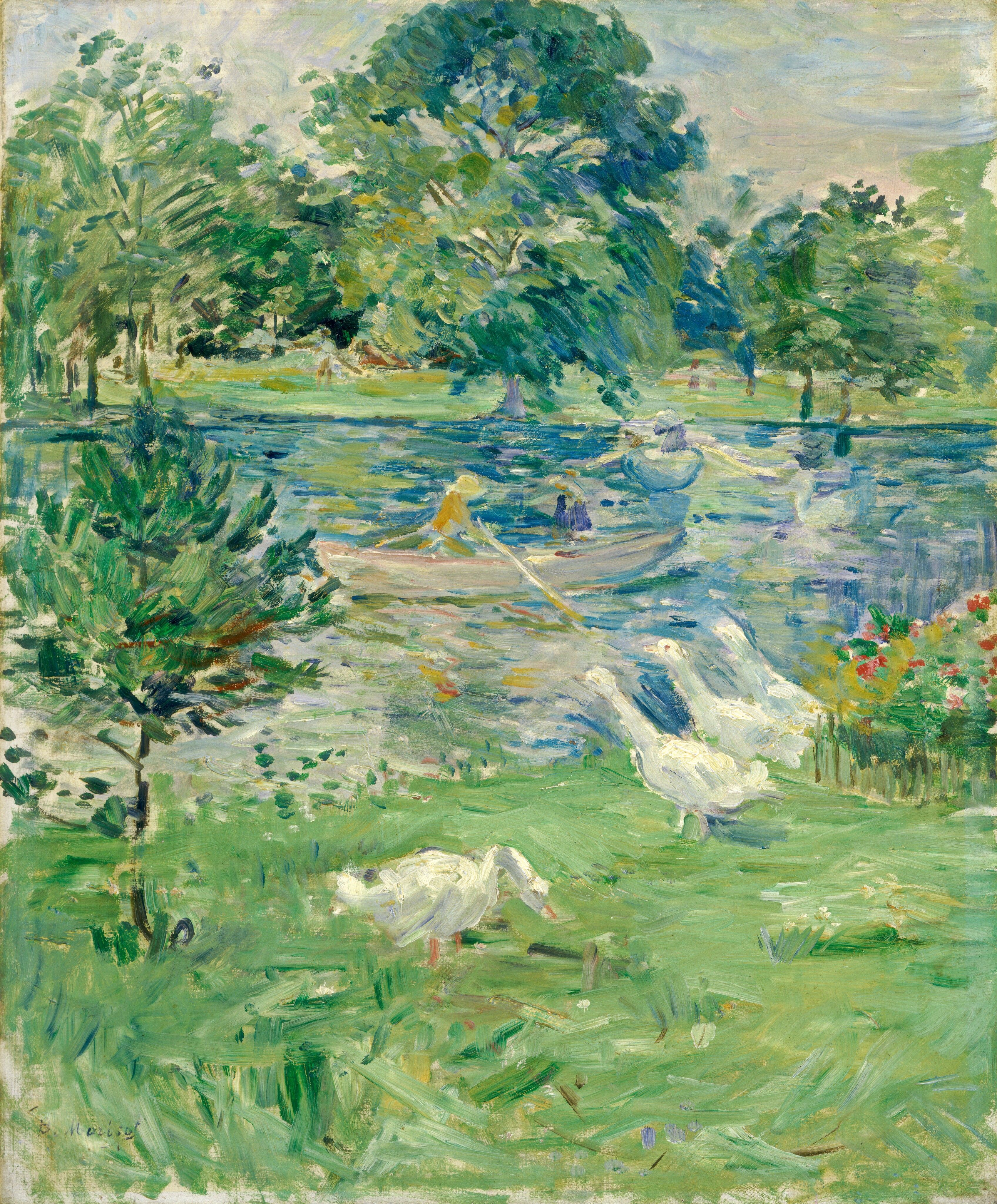Berthe Morisot's Girl in a Boat with Geese, capturing figures and reflections in soft outdoor light